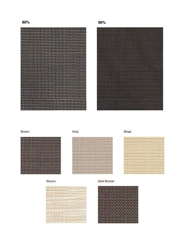Phifer and Textilene solar screen fabric color swatches available in black, charcoal, brown, and desert tan for custom solar screens in Las Vegas